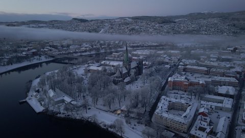 Nidaros Cathedral Or Nidarosdomen Located In The City Of Trondheim, Norway - aerial drone shot