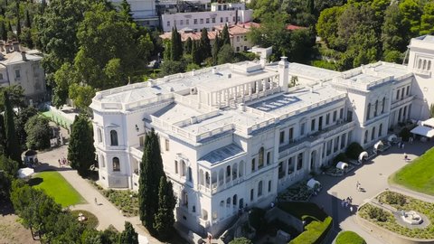 Livadia, Crimea. Livadia Palace - located on the shores of the Black Sea in the village of Livadia in the Yalta region of Crimea, Aerial View Hyperlapse