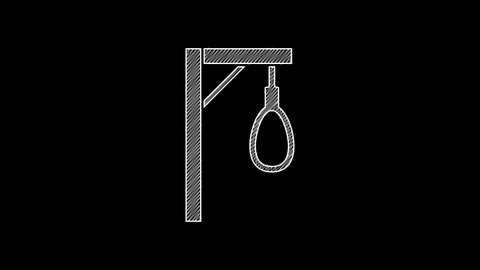 White line Gallows rope loop hanging icon isolated on black background. Rope tied into noose. Suicide, hanging or lynching. 4K Video motion graphic animation .