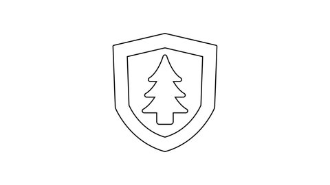 Black line Shield with tree icon isolated on white background. Eco-friendly security shield with tree. 4K Video motion graphic animation.