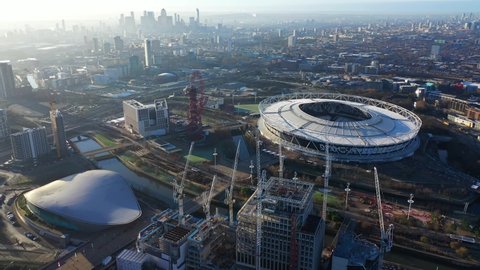 London, United Kingdom - 20 December 2021: Aerial drone video of iconic London Stadium in Queen Elisabeth park