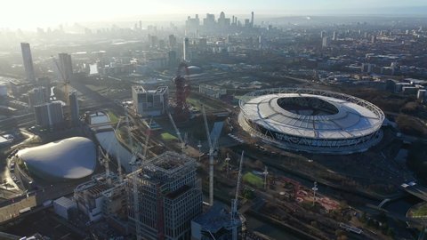 London, United Kingdom - 20 December 2021: Aerial drone video of iconic London Stadium in Queen Elisabeth park