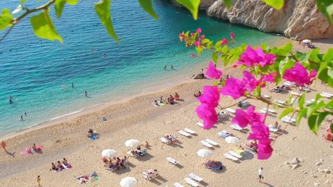 Beautiful Kaputash beach at Mediterranean sea in summer, Turkey. Slow motion steadicam shot