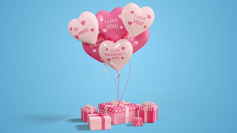 Valentine’s Day festive balloons tied to present boxes or gifts. Pink, white colored heart shaped balloons with signs, blue background. Abstract romantic greeting. Beautiful 3D Render seamless loop