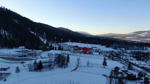 Zakopane, Poland - 01 15 2022: Approaching Great Krokiew (Wielka Krokiew) Ski Jumping Hill