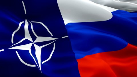 NATO Russia flag. National ‎New York‎ 3d NATO and Russia flag Closeup 1080p Full HD 1920X1080 video waving. Sign of North Atlantic Treaty Organization seamless loop animation -Moscow,4 May 2019
