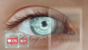 Social network eye scanning checking feed likes collecting analysing memories. Macro retinal scan system inspecting personal data looking web photos. Futuristic work global technologies concept - Powered by Shutterstock - Get 15% off with code: PIKWIZARD15