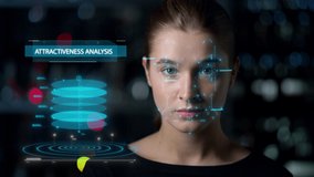Close up attractiveness analysis face scan process researching woman biometrics. Modern holographic digital interface application checking young lady beauty. Augmented tech reality device metaverse - Powered by Shutterstock - Get 15% off with code: PIKWIZARD15
