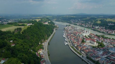 Aerial view around the city Passau in Germany., Bavaria on a sunny afternoon in spring.