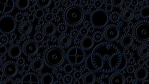 Rotating colored gears are forming a background. Dark blue cogwheels in front of black background