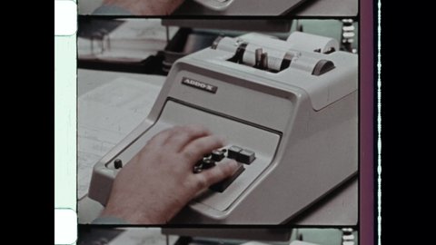1970s Dallas, TX. Hand quickly types on retro adding machine. Close of fingers pushing buttons doing mathematics like adding, subtracting, multiplying and division. 4K Overscan of Archival Film Print