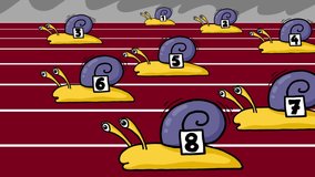 Snails with numbers on a circuit. Cartoon character animations. Rivalry business metaphor, education, etc. Games on a red circuit.