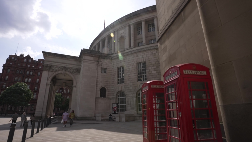 Manchester Central Library framed by pillars, Manchester, Lancashire, England, United Kingdom, Europe
