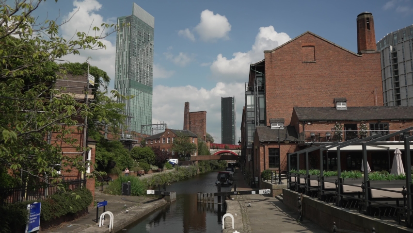 Canal, bridges and 301 Deansgate in background, Castlefield, Manchester, Lancashire, England, United Kingdom, Europe