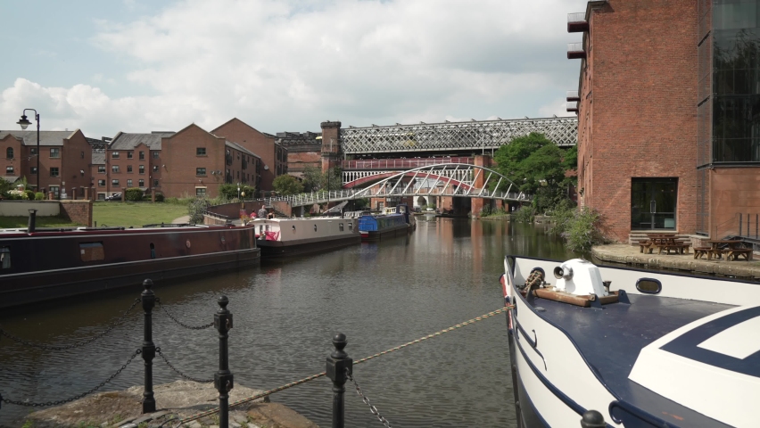 Train passing through Castlefield Marina, Castlefield, Manchester, Lancashire, England, United Kingdom, Europe