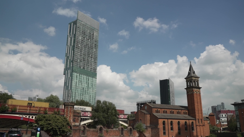 Train passing by and 301 Deansgate in background, Castlefield, Manchester, Lancashire, England, United Kingdom, Europe