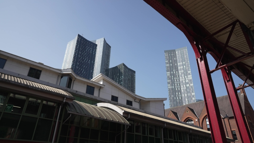 Deansgate Square buildings from historic red brick buildings, Manchester, Lancashire, England, United Kingdom, Europe