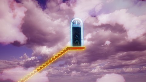 Woman On Stairway To Space Door In Pinky Cloudy Sky. Woman on top of a stairway in cloudy sky that leads to a door to starry space.