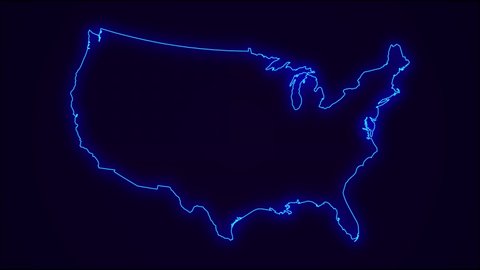 United States of America Map Outline Country Border on dark blue.  Neon Lights  colorful animation transition. Flag of USA.  Animation in neon style. 4k Resolution.