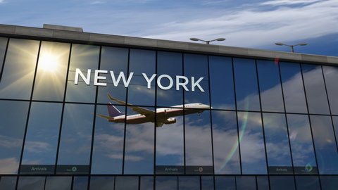 Plane landing at New York, USA 3D rendering animation. Arrival in the city with the glass airport terminal and reflection of the jet aircraft. Travel, business, tourism and transport concept.