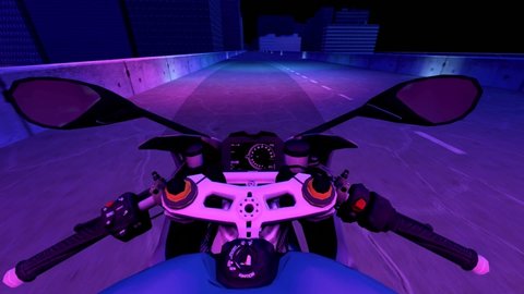 A motorcycle rides on a highway in a neon city. First-person view.