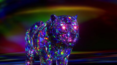 Snarling diamond tiger. Nature and animals concept. Lowpoly. Blue neon color. Symbol of 2022. 3d animation