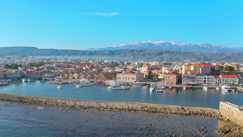 Chania Crete Greece. Venetian harbor scenic aerial view in morning Royalty-Free Stock Footage #1085699999