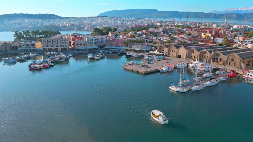 Chania Crete Greece. Venetian harbor scenic aerial view in morning | Shutterstock HD Video #1085699999