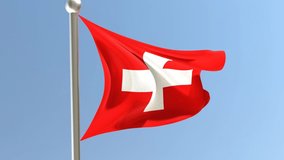 Swiss flag on flagpole. Switzerland flag fluttering in the wind.