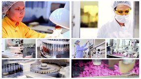 Pharmaceutical Production Line Conceptual Video Wall. Pharmaceutical industry. Vaccine Manufacturing. Medical Ampoules on the Production Line. Pharmaceutical Machines for Drug Manufacturing. 