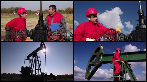 Oil And Gas Exploration And Production Animated Multi Screen Video. Crude Oil Extraction And Refining. Oil Refinery Workers At Work. Natural Gas Processing Plant. Oilfield Pump Jack Pumping Oil.