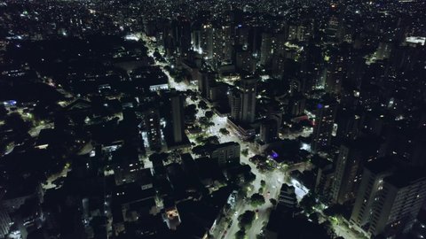 Aerial view of the city of Belo Horizonte at night, in Minas Gerais, Brazil. 4K.