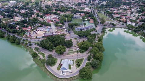 Aerial view of "Lagoa da Pampulha", "Igreja São Francisco" in the city of Belo Horizonte, in Minas Gerais, Brazil. 4K.