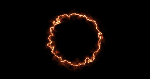 Fiery yellow red ring on a black background. Abstract circle of solar flame. A burning ring of fire gradually appeared and a constant burning in a circle. Animated 4k graphics, cartoon, overlay mode.