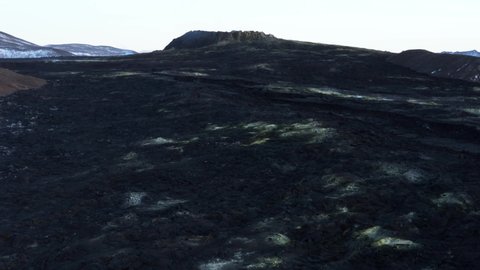 Black Basalt rock solidified lava flow below Geldingadalsgos volcano, aerial