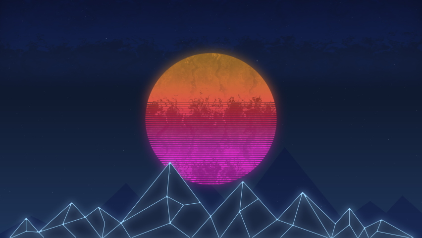 Beautiful 80s retro background loop animation. Retrowave horizon ...