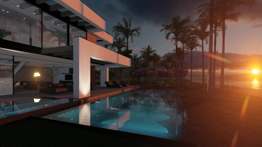 4K video rendering of modern cozy house with pool and parking for sale or rent in luxurious style by the sea or ocean. Sunset evening by the coast with palm and flowers in tropical island Fly-walk Royalty-Free Stock Footage #1085725148