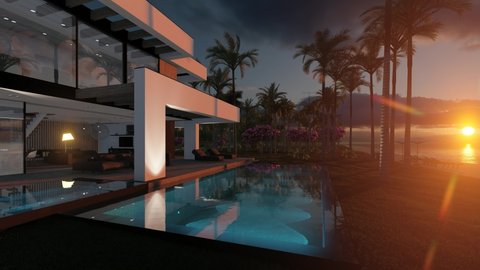 4K video rendering of modern cozy house with pool and parking for sale or rent in luxurious style by the sea or ocean. Sunset evening by the coast with palm and flowers in tropical island Fly-walk స్టాక్ వీడియో
