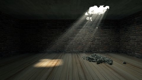 Broken concrete celling in the empty room with sunlight rays through the hole. 4K Animation