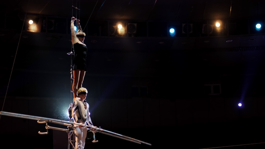 Performance Three Aerial Tightrope Walkers Gymnasts Stock Footage Video ...