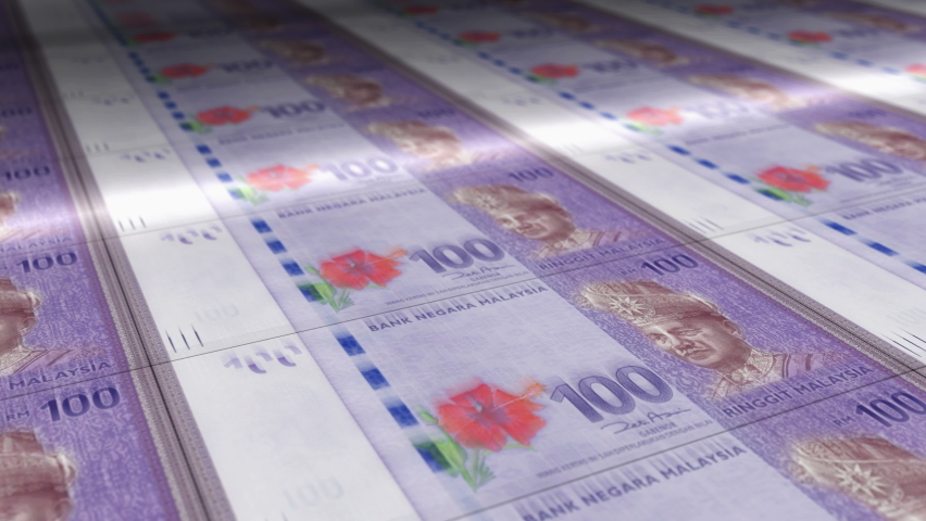 Malaysia Ringgit money sheet printing. MYR banknotes loop print. Seamless and looped background concept of finance, economy crisis, inflation and business.
 | Shutterstock HD Video #1085728253