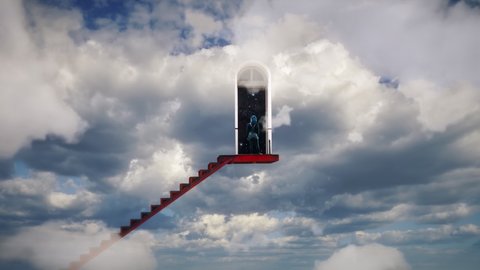 Girl On Stairway To Space In Cloudy Sky. Woman on top of a stairway in cloudy sky that leads to a door to starry space.
