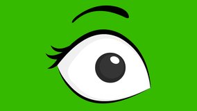 Loop animation of an eye illustrated in black and white, blinking and on a green chroma key background