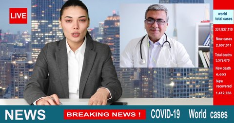 tv speaker woman talking online video conference with doctor on tv news program