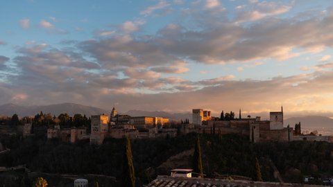 Timelapse of Alhambra Palace in Granada during sunset, Andalusia, Spain