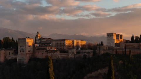 Timelapse of Alhambra Palace in Granada during sunset, Andalusia, Spain
