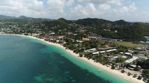 Grand Anse Beach, Grenada, Caribbean. Aerial Drone shots of the famous Grand Anse Beach from November 2021. Beautiful Beach aerial shots. Boat drone shot