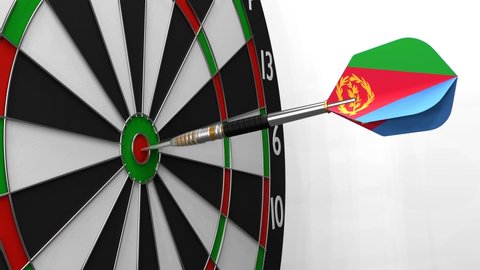 The dart with the image of the flag of Eritrea hits exactly the target. Sports or political achievements represented by the animation concept