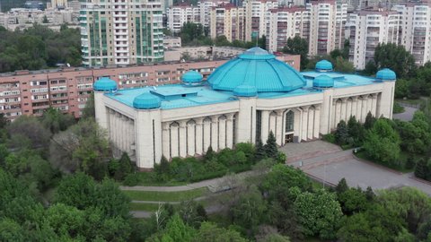 Almaty, Kazakhstan - May 7, 2020: Aerial view Central State Museum of the Republic of Kazakhstan in Almaty city.