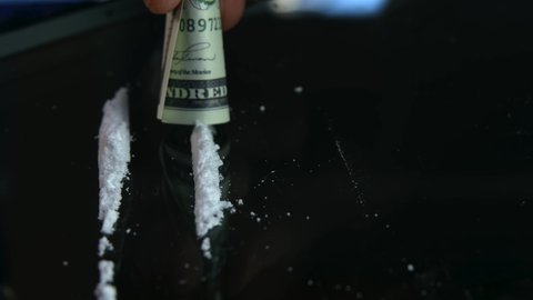 Cinematic Close Up Of Man Snorting Cocaine Lines, Drug Abuse